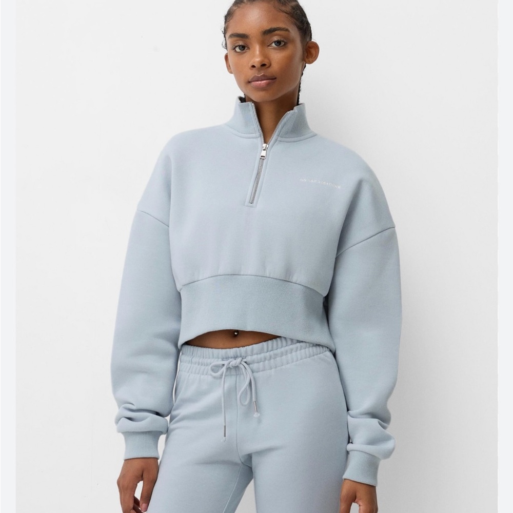Divided Blue Mock Neck Long Sleeve Crop Top